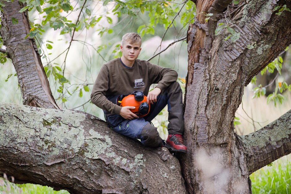An RHS student sitting in a tree holding a helmet.