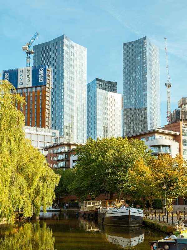 Modern skyline and canal in Manchester