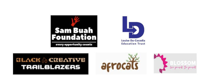 Logos of 5 Charity organisations: The Sam Buah<br />
Foundation, the Louise Da-cocodia Education Trust, The Black Creative Trailblazers, The Afrocats, and the Blossom Foundation 