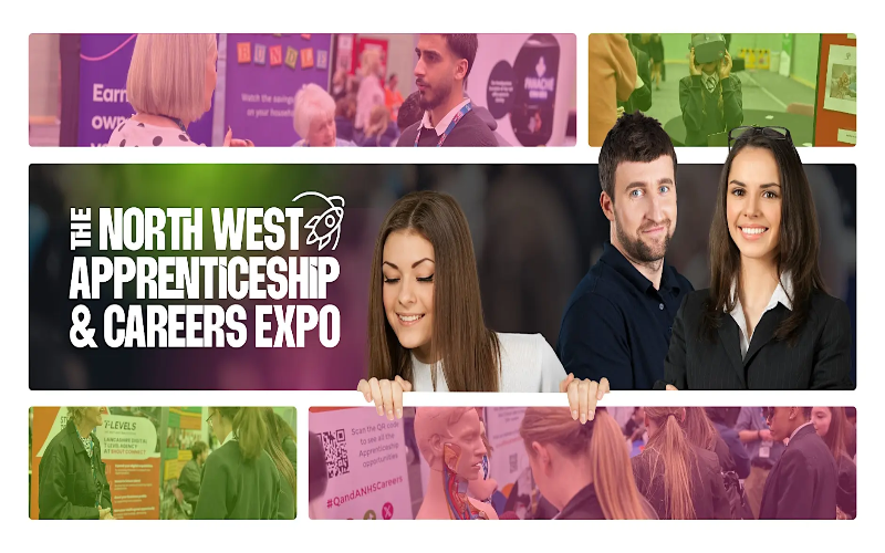 The North West Apprenticeship & Careers Expo logo against some images of young people at the event