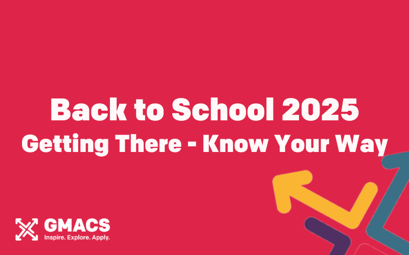 Red background with GMACS logo. Text reads: "Back to School 2025 Getting There - Know Your Way"