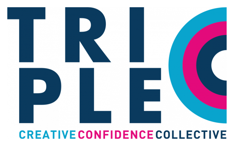 The Triple C logo - Triple is written in large text with a big multicoloured C. Underneath is written Creative Confidence Collective.